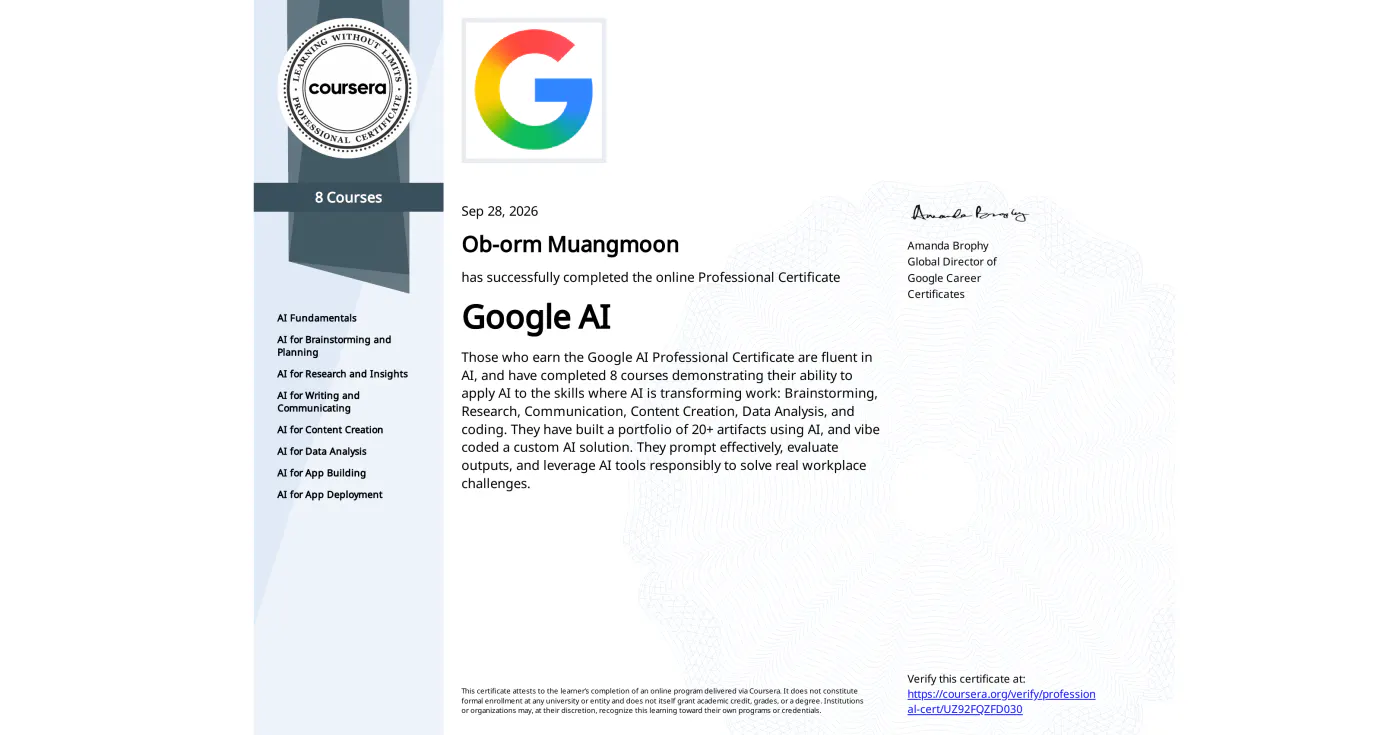 Google AI Professional Certificate ออกโดย Google